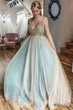 Tulle A-line V-neck Beaded Evening Dress Floor Length Senior Prom Dress OKY37