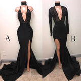 Sexy Black Straps Deep V-neck Mermaid Split Sleeveless Evening Dresses OKI37
