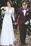 Modest A-Line Lace Appliques Long Sleeves Chiffon Elegant Wedding Dresses OKH87