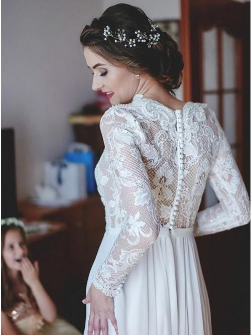 Modest A-Line Lace Appliques Long Sleeves Chiffon Elegant Wedding Dresses OKH87