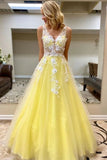 V Neck Tulle Lace Appliques Long A-line Prom Dress Yellow Formal Dress OKT52