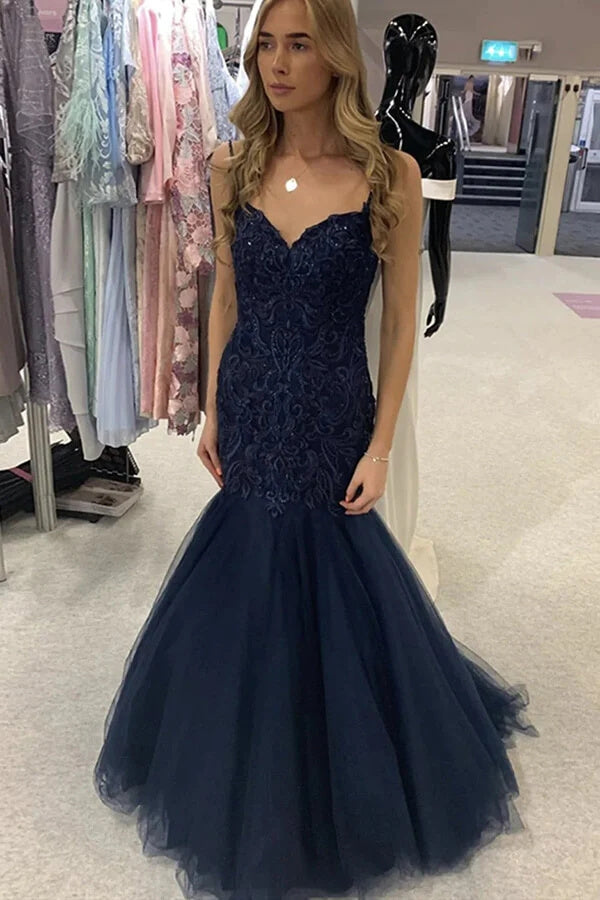 Navy Blue Mermaid Spaghetti Straps Lace Prom Dresses, Formal Evening Gown OK2010