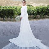 Sheath Long Sleeves Boat Neckline V Back Beach Bridal Wedding Dresses OKW54