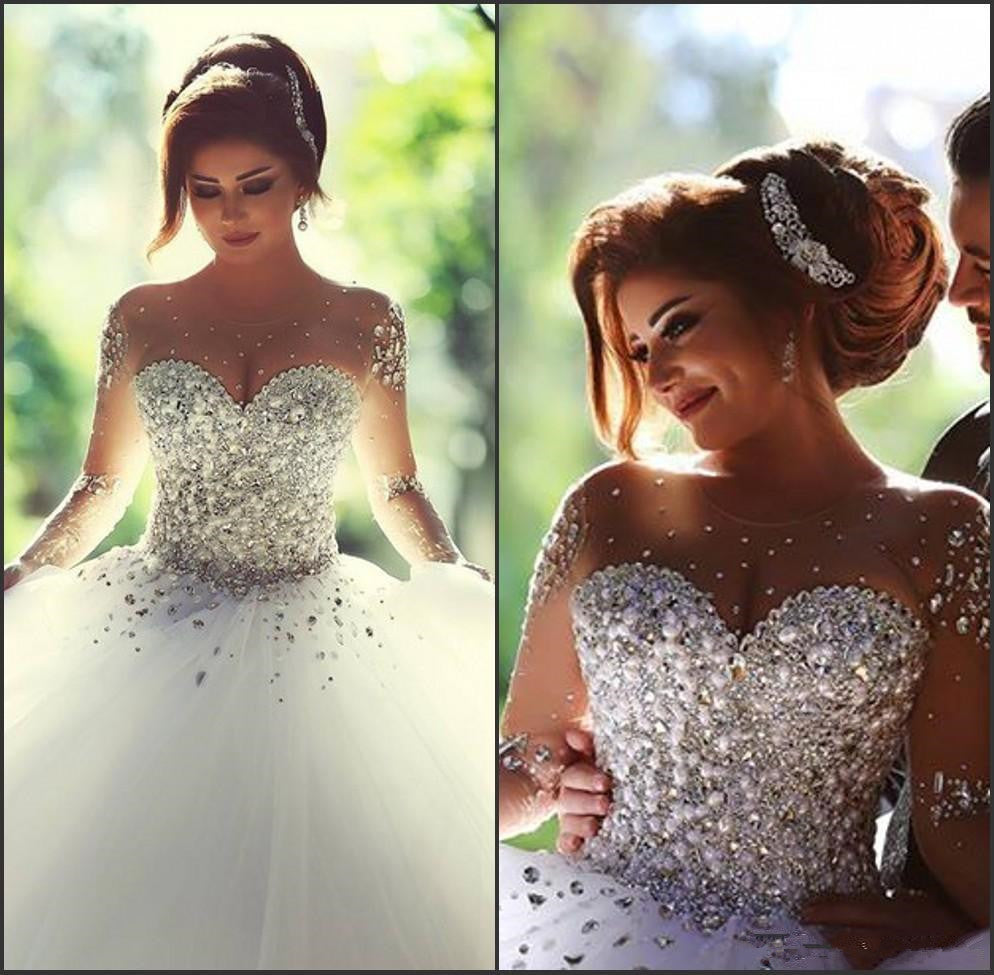 Stunning Long Sleeves Tulle Ball Gowns Beaded Wedding Dress OKH69