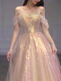 A Line Tulle Sequin Long Prom Dress, Off Shoulder Formal Graduation Dress OK2023