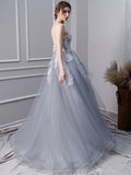 Gray A Line Long Spaghetti Straps Prom Dress With Lace OKK58
