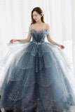 Dusty Blue Sparkly Tulle Beaded Prom Dress, Tiered Formal Gown With Rhinestone OK1932