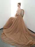 A-line Spaghetti Straps Tulle Long Lace Appliques Prom Dress OKR85