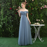 A Line Off the Shoulder Chiffon Blue Prom Dress Long Bridesmaid Dress OKQ82