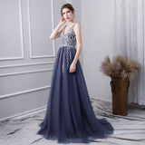 A Line V Neck Tulle Navy Blue Long Prom Dress With Beading OKL29