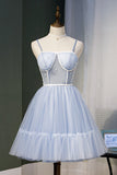 Light Blue A Line Spaghetti Straps Tulle Short Homecoming Dress OKN49