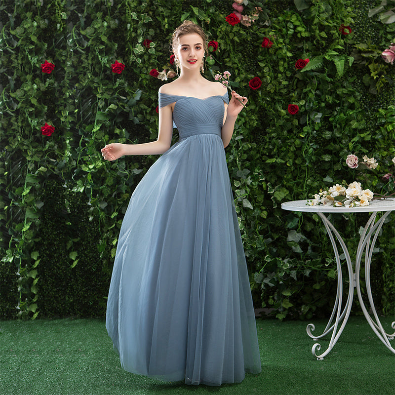 A Line CHiffon Blue Off the Shoulder Prom Dress Long Bridesmaid Dress OKQ78
