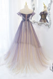 Light Purple A Line Sparkle Bling Bling Scoop Short Sleeves Tulle Prom Dress OK1379