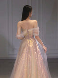A Line Tulle Sequin Long Prom Dress, Off Shoulder Formal Graduation Dress OK2023