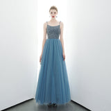 A-line Spaghetti Straps Blue Lace Up Back Beading Tulle Long Prom Dress OKR84