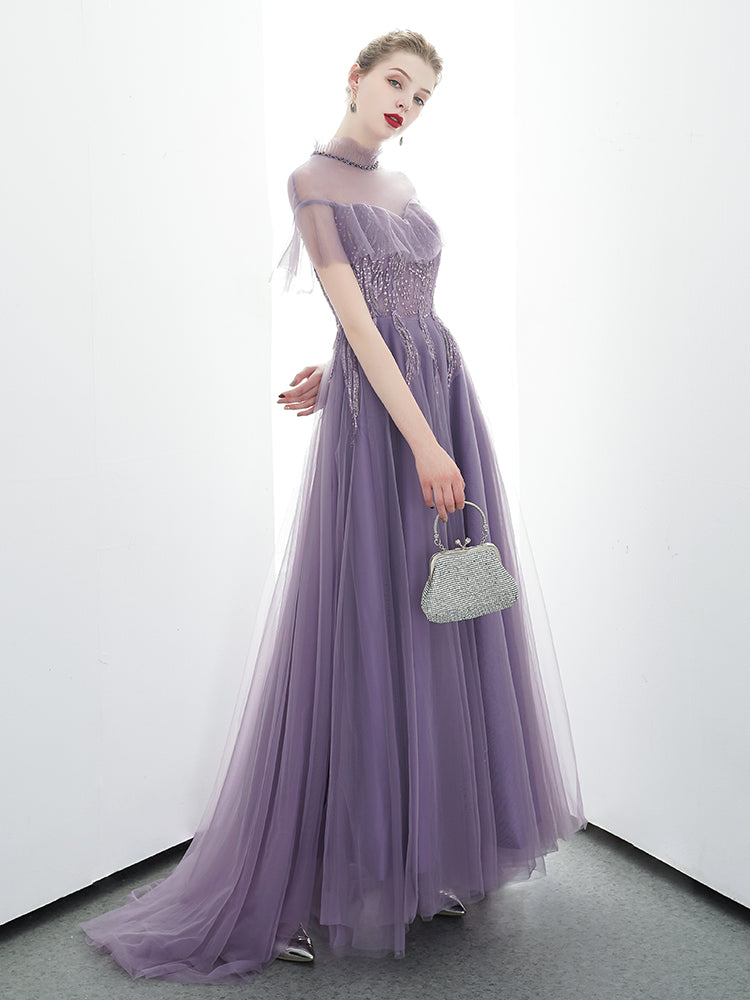 A-line Tulle Long High Neck Purple Prom Dress With Ruffles OKR86