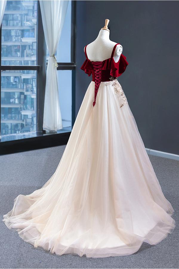 Vintage Red Top Straps Tulle Evening Dresses, A Line Long Appliques Prom Dress OK1110