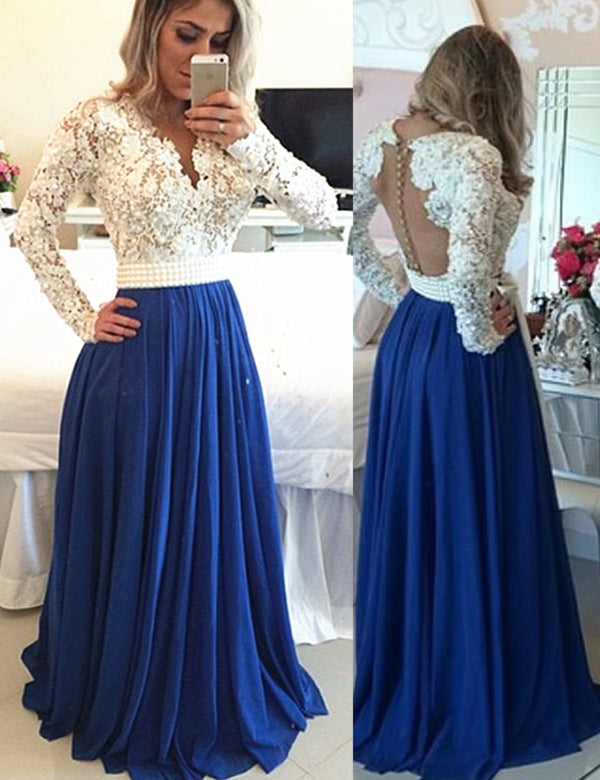 Long Sleeves Lace A-line Royal Blue Chiffon Beaded Prom Dress K730