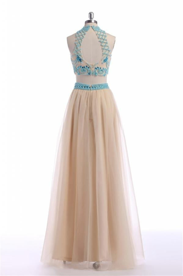 Two Pieces Halter Backless Beautiful Long Prom Dress K40
