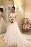 Elegant Long Sleeves Lace A-line Boat Neckline Long Bridal Dress Wedding Dress OK907
