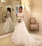 Elegant Long Sleeves Lace A-line Boat Neckline Long Bridal Dress Wedding Dress OK907