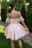 Off the Shoulder Pink Lace Short Prom Dress  A Line Pink Homecoming Dress OK1521