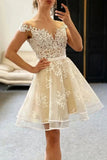 Off the Shoulder Short Light Lace Appliques Prom Dress A-line Homecoming Dress OK1664