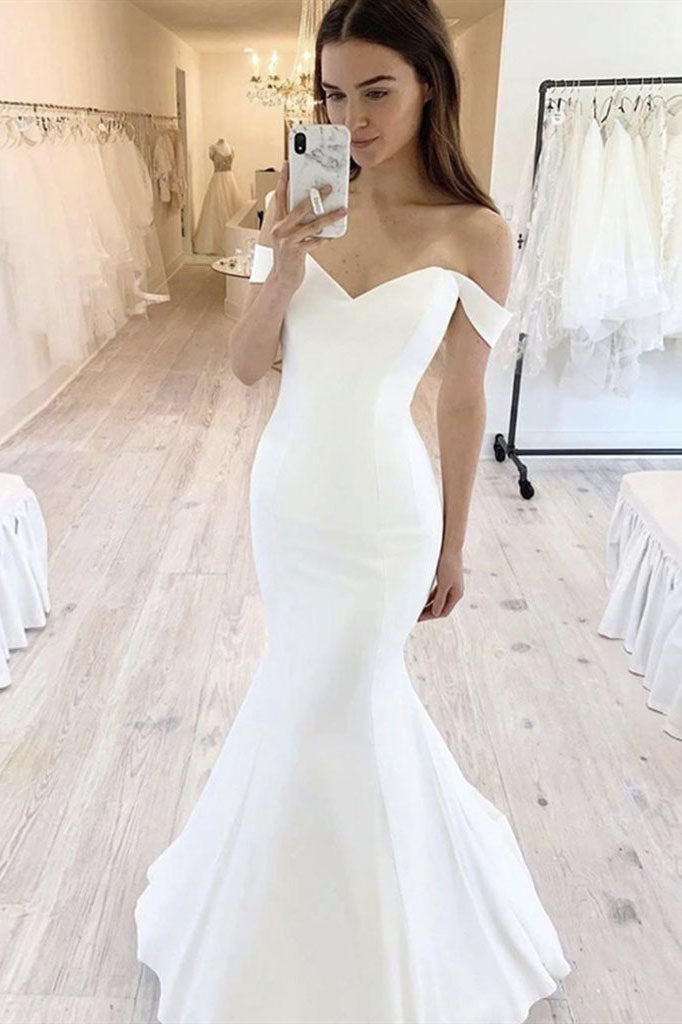 Off the Shoulder Ivory Mermaid Simple Wedding Dress Long Bridal Dress OKX56