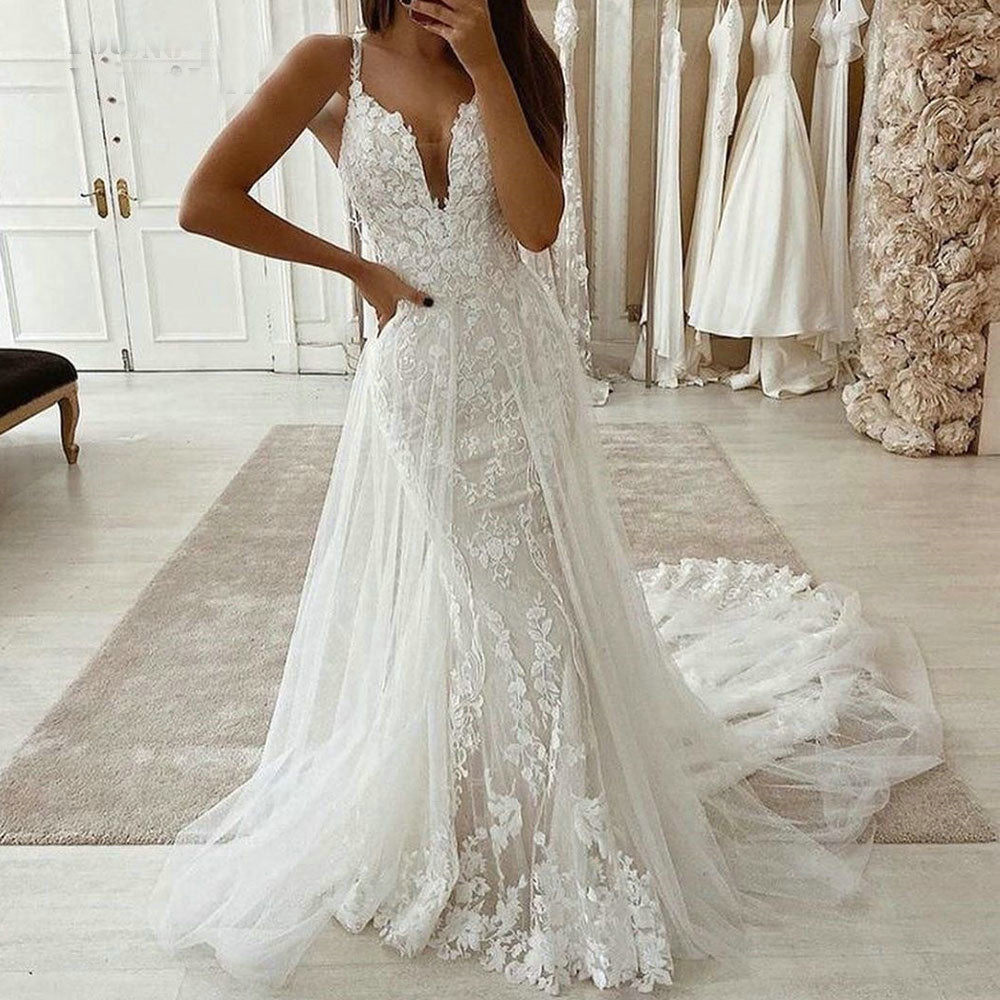 V Neck Spaghetti Straps Mermaid Lace Appliques Wedding Dresses OKV25