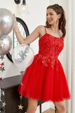 Red Lace Appliques Tulle Short Prom Dresses, Spaghetti Straps  Homecoming Dresses OK1711