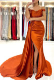Orange Mermaid Satin Off-the-Shoulder Prom Dresses, Long Formal Evening Dresses OK2008
