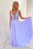 Lavender Chiffon A-line Long Prom Dress V Neck Evening Formal Dress OK1312