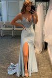 Shiny Mermaid Light Blue Beaded Long Prom Dress Formal Evening Party Dresses OK1246
