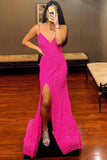 Straps Hot Pink Sequins Mermaid Long Prom Dresses Evening Party Dresses OK1449