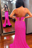 Straps Hot Pink Sequins Mermaid Long Prom Dresses Evening Party Dresses OK1449