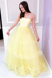A Line Tulle Yellow Lace Appliques Long Prom Dresses, Formal Evening Dresses OK1822