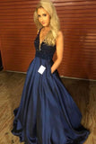 A Line Plunge Neckline Beaded Navy Blue Prom Dress Pockets Cheap Evening Dress OKI55