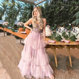 Pink Layers Prom Dress Long A-line Beaded Party Dress Tiered Strapless Tulle Evening Dress OKW44