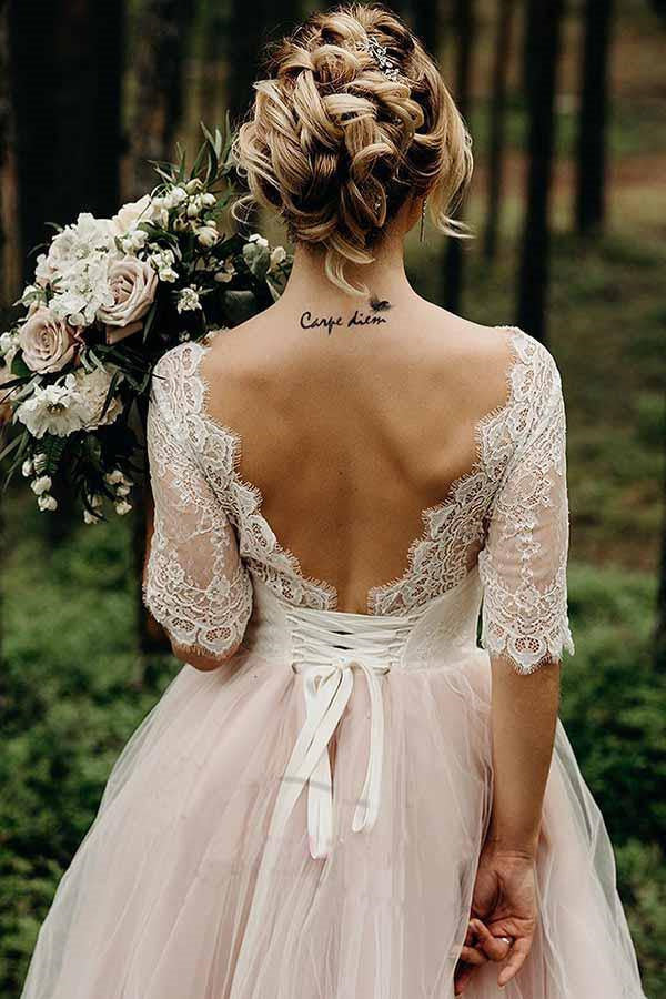 A Line Pink Tulle Lace Backless Half Sleeves Lace Up Wedding Dresses, Bridal Gown OK1881