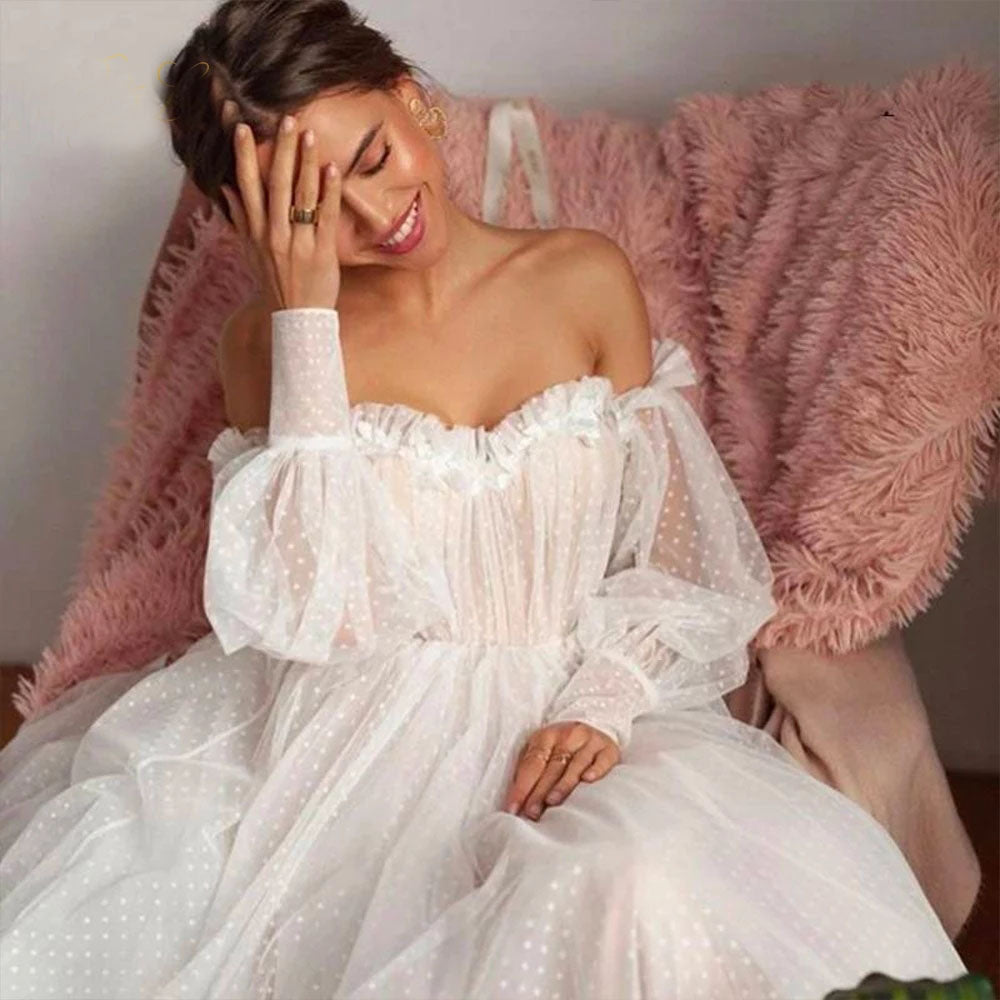 Ivory Tulle Off the Shoulder Bride Dress Simple Long Puffy Sleeves Wedding Gown OKW52