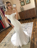 Beautiful Lace Mermaid Wedding Dress Off the Shoulder Lace Up Back Bridal Dress OKV36