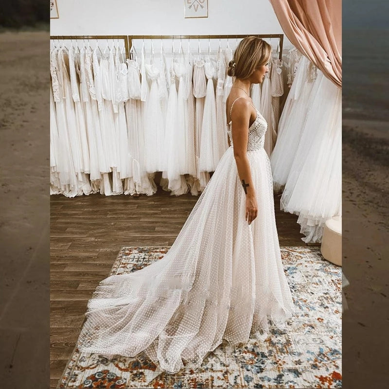 Princess Bohemian Rustic Bridal Gown Sleeveless Spaghetti Strap Beach Wedding Dress For Women OKZ30