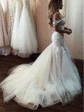 Elegant Mermaid Tulle Off Shoulder Wedding Dress with Lace Top OKU80