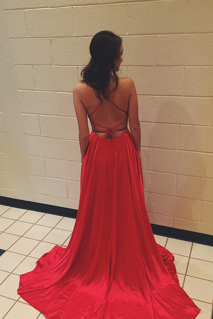 Red Spaghetti Strap Prom Dress with Pockets Sexy Long Split Party Dress OKJ87