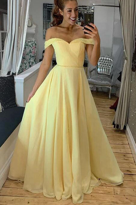 Off Shoulder Long Yellow Prom Dress with Beading Fashion Dance Dress OKZ24