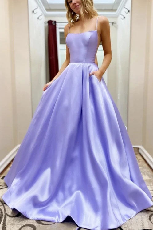 Simple Long Satin Purple Prom Dress With Pockets Fashion School Dance Dress OKT75