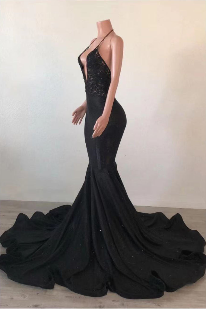 Sexy Black Mermaid Halter Backless Prom Dress With Lace Top OKW63
