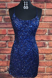 Tight Navy Blue Sequined Party Dress Sheath Short Homecoming Dress OKZ70