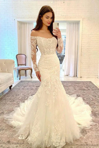 Elegant Mermaid Off the Shoulder Long Sleeves Wedding Dresses with Lace Appliques OK1923