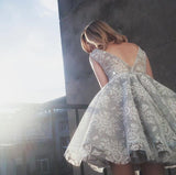 A Line V neck Lace Sleeveless Tulle Short Ball Gowns Light Grey Short Homecoming Dresses OK204